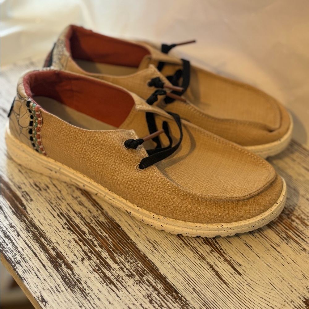 Hey Dude Women’s Tan Loafers with Black Accents